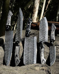 Custom handmade Damascus knife set with leather roll