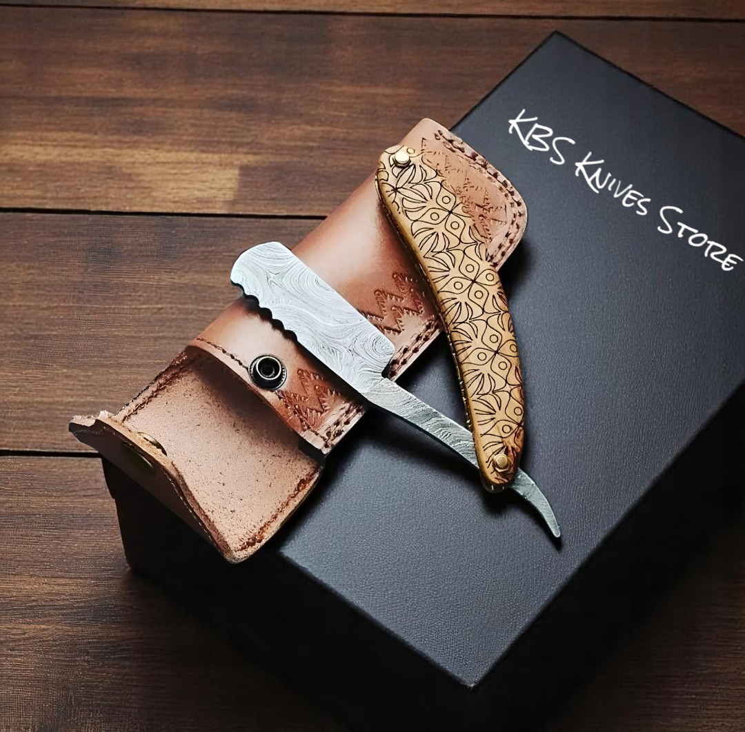 Barbers Razor – Damascus Steel Straight Edge Razor with Laser Engraved Walnut Handle

