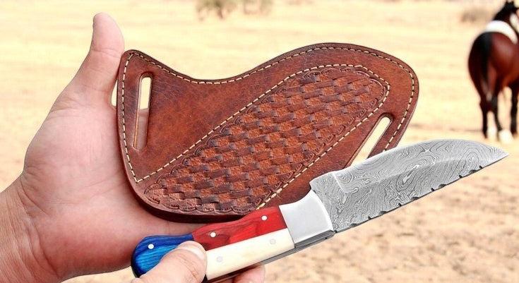 Cowboy Knife and Sheath Set with Damascus Steel & Texas Flag Handle