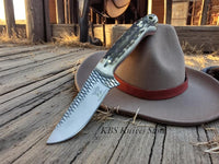 Hornspur Hunter 3.6" country knife with rasp steel blade, antler horn handle, and Western leather sheath