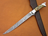 Damascus Steel Handmade Fillet Boning Knife with Sheep Horn and Steel Bolsters Handle, 13-Inch Overall Length