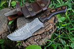 Custom Handmade Damascus Steel Tracker Knife with Micarta Handle - 10 inches Overall Length, Horizontal Leather Sheath Included