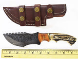 10-inch Damascus Steel Tracker Knife with Antler Horn Handle and Rose Wood Bolster for Tactical and Survival Use