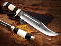 D2 Forged Tool Steel Handmade Customize Crocodile Dundee Bowie Knife with Bone, Buffalo Horn, and Brass Guard Handle - 16 Inches Overall Length - Leather Sheath Included - For Sale at KBS Knives Store for Hunting, Camping, and Survival Enthusiasts.