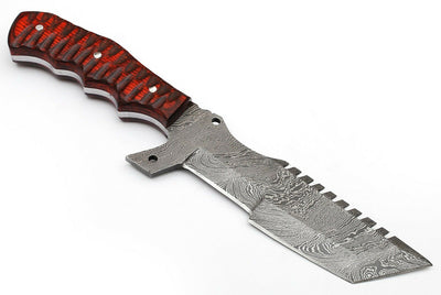11.5-inch Damascus Steel Tracker Knife with Exotic Color Wood Handle and Tactical Leather Sheath