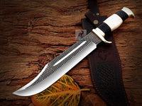 D2 Forged Tool Steel Handmade Customize Crocodile Dundee Bowie Knife with Bone, Buffalo Horn, and Brass Guard Handle - 16 Inches Overall Length - Leather Sheath Included - For Sale at KBS Knives Store for Hunting, Camping, and Survival Enthusiasts.