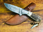 Custom Handmade Raindrop Damascus Hunting Skinning Knife with Stag Horn Handle