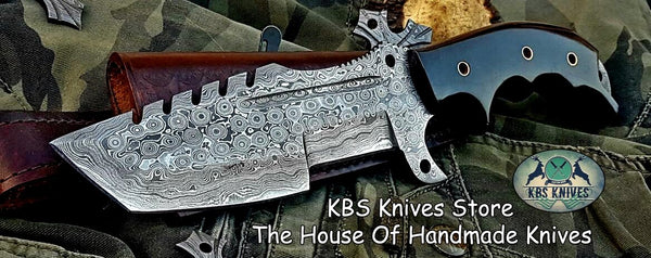 12-inch Damascus Steel Tanto Tracker Knife with Full Tang Blade and Horizontal Leather Sheath