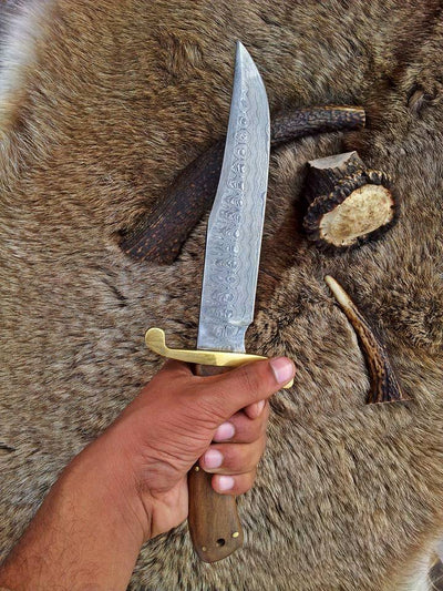 13-Inch Damascus Steel Bowie Knife with Rosewood Handle and Brass Guard