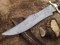 13-Inch Twist Pattern Damascus Steel Bowie Knife with Olive Wood and Buffalo Horn Handle