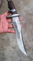 13-inch Full Tang Bowie Knife with Damascus double finger guards and leather sheath.