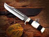 D2 Forged Tool Steel Handmade Customize Crocodile Dundee Bowie Knife with Bone, Buffalo Horn, and Brass Guard Handle - 16 Inches Overall Length - Leather Sheath Included - For Sale at KBS Knives Store for Hunting, Camping, and Survival Enthusiasts.