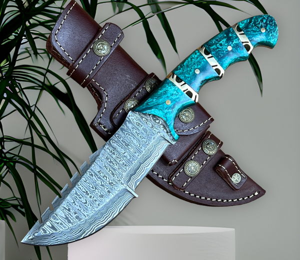 Damascus Handmade Tom Brown Tracker Knife with Epoxy Resin and Brass Spacers Handle - Overall Length 10 Inches - Comes with Horizontal Leather Sheath - For Sale at KBS Knives Store for Collectors and Outdoor Enthusiasts.