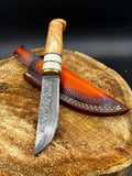 Damascus Hunting Camping Knife with Bone, Olive Wood, and Brass Bolster Handle