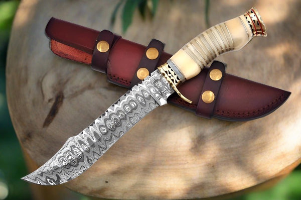 Damascus Steel Bowie Knife with Handmade Bone Handle and Brass Accents
