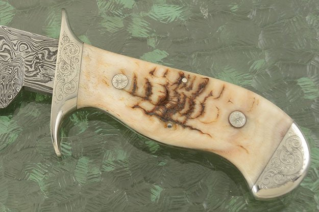 15-inch Custom Handcrafted Bowie Knife featuring hand engraved steel guard and bolster with leather sheath
