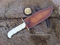 Deluxe Dundee Bowie Knife - Premium Damascus Steel Blade, Bone Handle, Brass Guard, and Leather Sheath - Available at KBS Knives Store