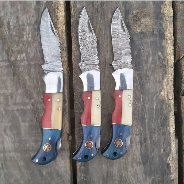 Texas Flag Handle Folding Pocket Knife with Bone and Exotic Blue and Red Wood Handle and Leather Case by KBS Knives Store