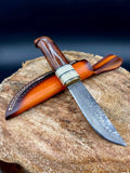 Damascus Hunting Camping Knife with Bone, Rosewood, and Brass Bolster Handle