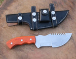 O1 Tool Steel Handmade Tom Brown Tracker Knife with Orange Wood Handle - Overall Length 10 Inches - Comes with Horizontal Leather Sheath - For Sale at KBS Knives Store for Collectors and Outdoor Enthusiasts.