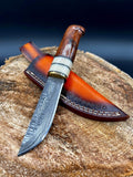 Damascus Hunting Camping Knife with Bone, Rosewood, and Brass Bolster Handle