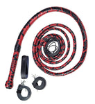 Handmade red and black leather bull whip with 12 plaits and leather belt holder.
