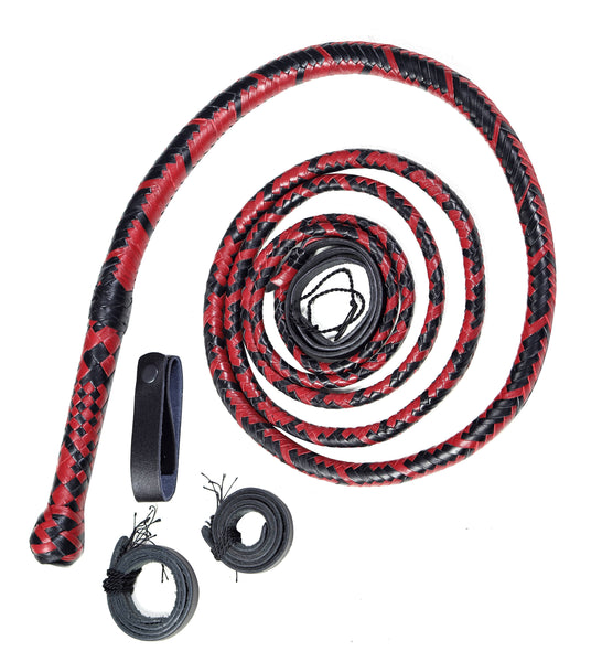 Handmade red and black leather bull whip with 12 plaits and leather belt holder.
