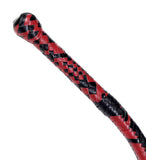 Close-up of the cowhide leather handle showcasing the craftsmanship of the bull whip.
