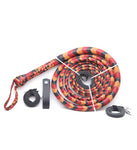 Handmade leather bull whip in orange, red, and black with 12 plaits and leather belt holder.
