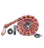 Handmade leather bull whip in orange, red, and black with 12 plaits and leather belt holder.
