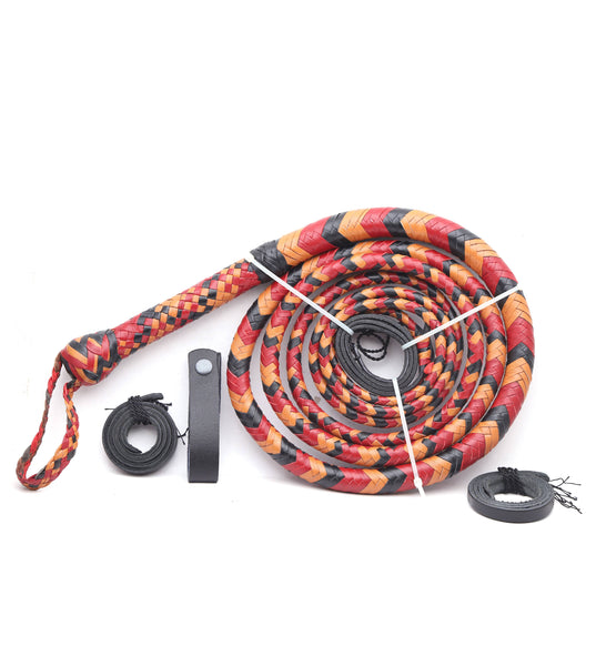 Handmade leather bull whip in orange, red, and black with 12 plaits and leather belt holder.
