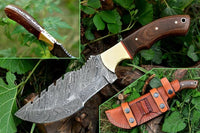 Damascus Steel Handmade Tom Brown Best Tracker Knife with Canvas Micarta and Brass Bolster Handle - 10 Inch Overall Length, Horizontal Leather Sheath - KBS Knives Store