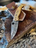 Damascus Steel Folding Pocket Knife with Hand Engraved Brass Handle