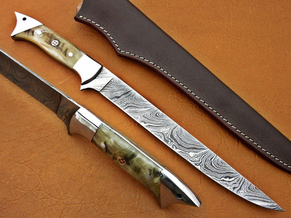 Damascus Steel Handmade Fillet Boning Knife with Sheep Horn and Steel Bolsters Handle, 13-Inch Overall Length