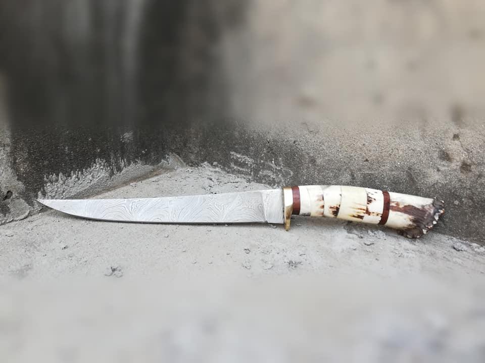Damascus Steel Handmade Fillet Boning Knife with Stag Horn, Bone and Brass Finger Guard Handle, 12-Inch Overall Length and Leather Sheath by KBS Knives Store