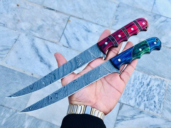 Damascus Steel Handmade Set of 2 Fillet Boning Knives with Blue Green and Red Exotic Wood Handle, 13 Inches with Leather Sheath by KBS Knives Store