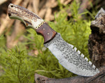 Damascus Steel Handmade Tom Brown Best Tracker Knife with Antler Horn, Rosewood and Brass Spacer Handle - 10 Inch Overall Length, Horizontal Leather Sheath - KBS Knives Store