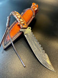 Damascus Steel Fighter Bowie Knife with Exotic Wood Handle and Leather Sheath