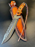 Damascus Steel Fighter Bowie Knife with Exotic Wood Handle and Leather Sheath