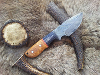 Discover the Custom Damascus Steel Deer Skinning Knife – 7 inches with a 3.25-inch drop point blade, olivewood handle, and exotic pakka wood bolster. Perfect for field dressing.

