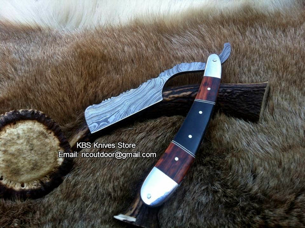 Luxury Antique Razor Damascus Steel Blade Buffalo Horn-Rosewood and Brass Bolsters Handle Leather Case Traditional Grooming Vintage Shaving Tool Antique Razor Collectibles KBS Knives Store Handcrafted Razor Opulent Antique Razor