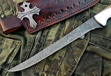 KBS Knives Store Handmade Damascus Steel Fillet Boning Knife with Bone and Steel Bolster Handle and Leather Sheath