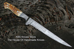 KBS Knives Store Handmade Damascus Steel Fillet Boning Knife with Deer Antler Horn and Damascus Bolster Handle and Leather Sheath