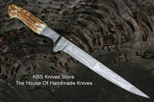 KBS Knives Store Handmade Damascus Steel Fillet Boning Knife with Deer