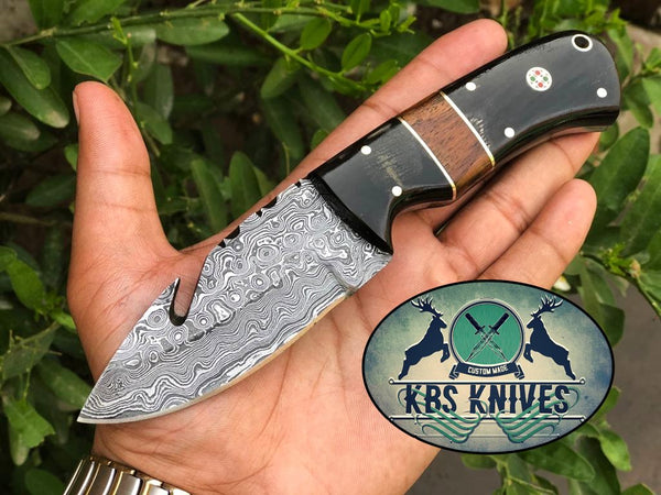 Full Tang Custom Handmade Raindrop Damascus Steel Guthook Skinning Knife