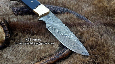 9-Inch Damascus Fixed-Blade Knife with Buffalo Horn and Brass Bolster

