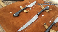 3 Piece Damascus Steel Hunting Knives Set with Buffalo Horn Handles and Leather Roll by KBS Knives Store