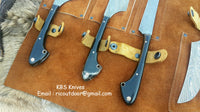 Hunting knives set with leather roll and sheaths Damascus steel blades
