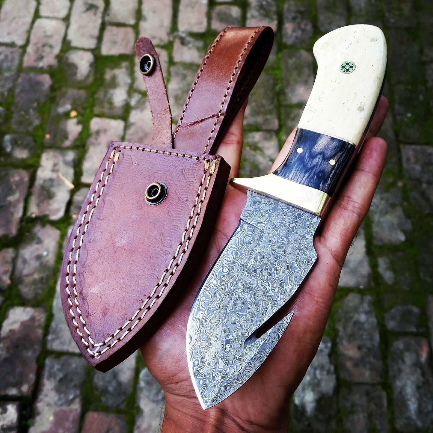 Custom Handmade Gut Hook Knife in Damascus Steel