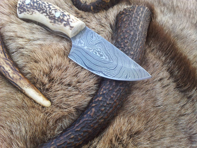 Drop point blade design on a Damascus steel skinning knife with leather sheath.
